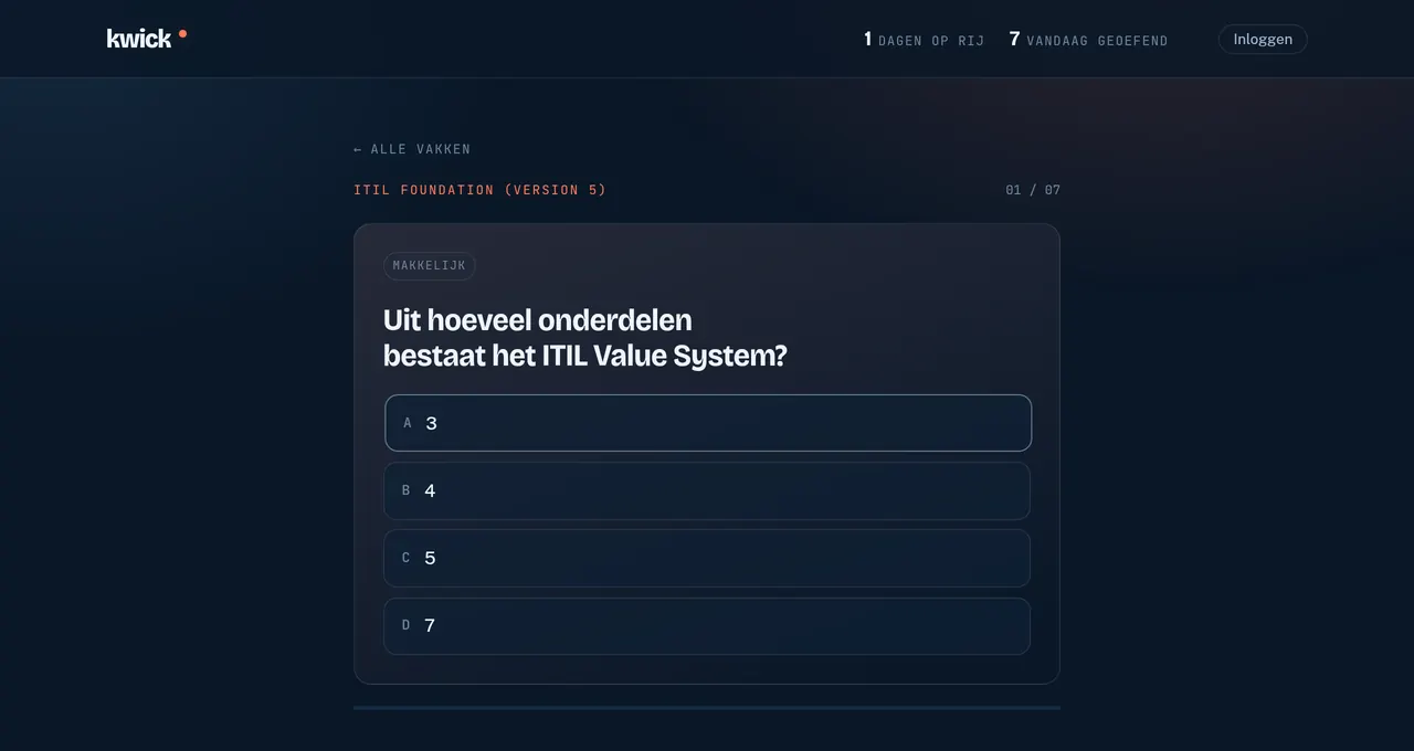 Een examenvraag over ITIL met vier antwoordopties en een niveau-aanduiding.