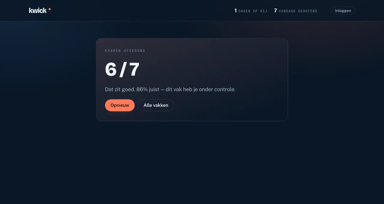 Het uitslagscherm na een examen, met de score 6 op 7 en een korte beoordeling.